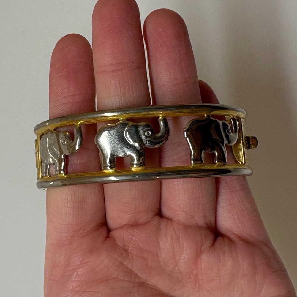 Two Tone Elephant Bangle Bracelet Gold Silver Mixed Metal Hinged Cutout